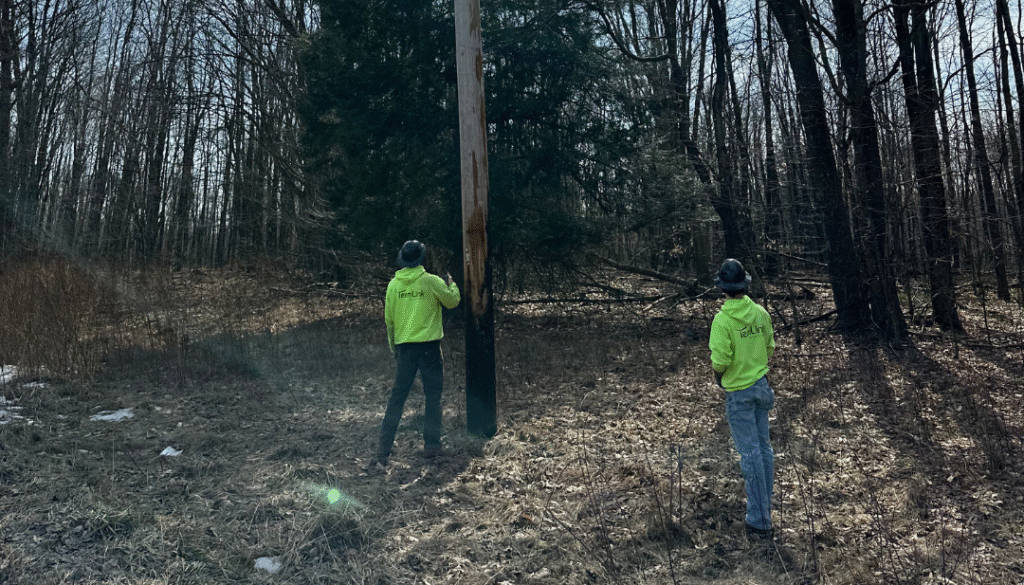 Technician assessing a utility pole for power lines and electrical safety hazards before climbing