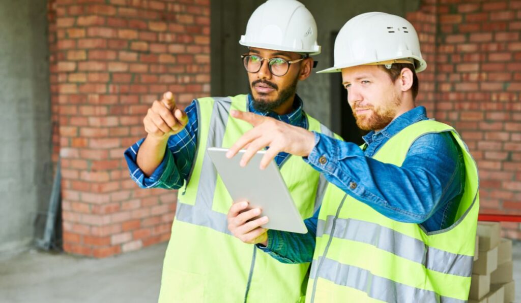 Construction crew using digital tablet to view fiber network design in the field